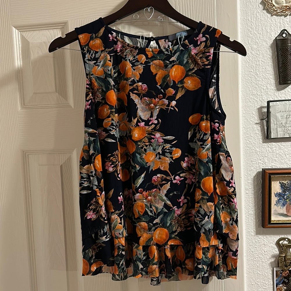 Eva Franco for Anthropologie floral sleeveless layer top fruit orange navy pink